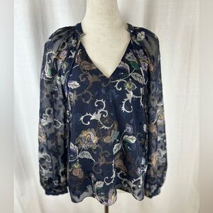 Current Air Clarkson Blouse Navy Floral Blouse with Sheer Statement Sleeves